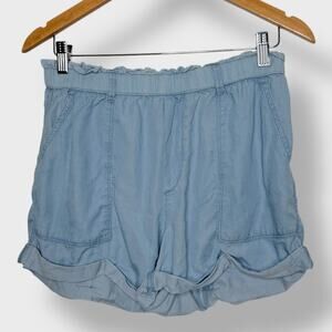 Aerie Paperbag Chambray Shorts Medium Blue High Waist Tie Waist Pocketed Beachy